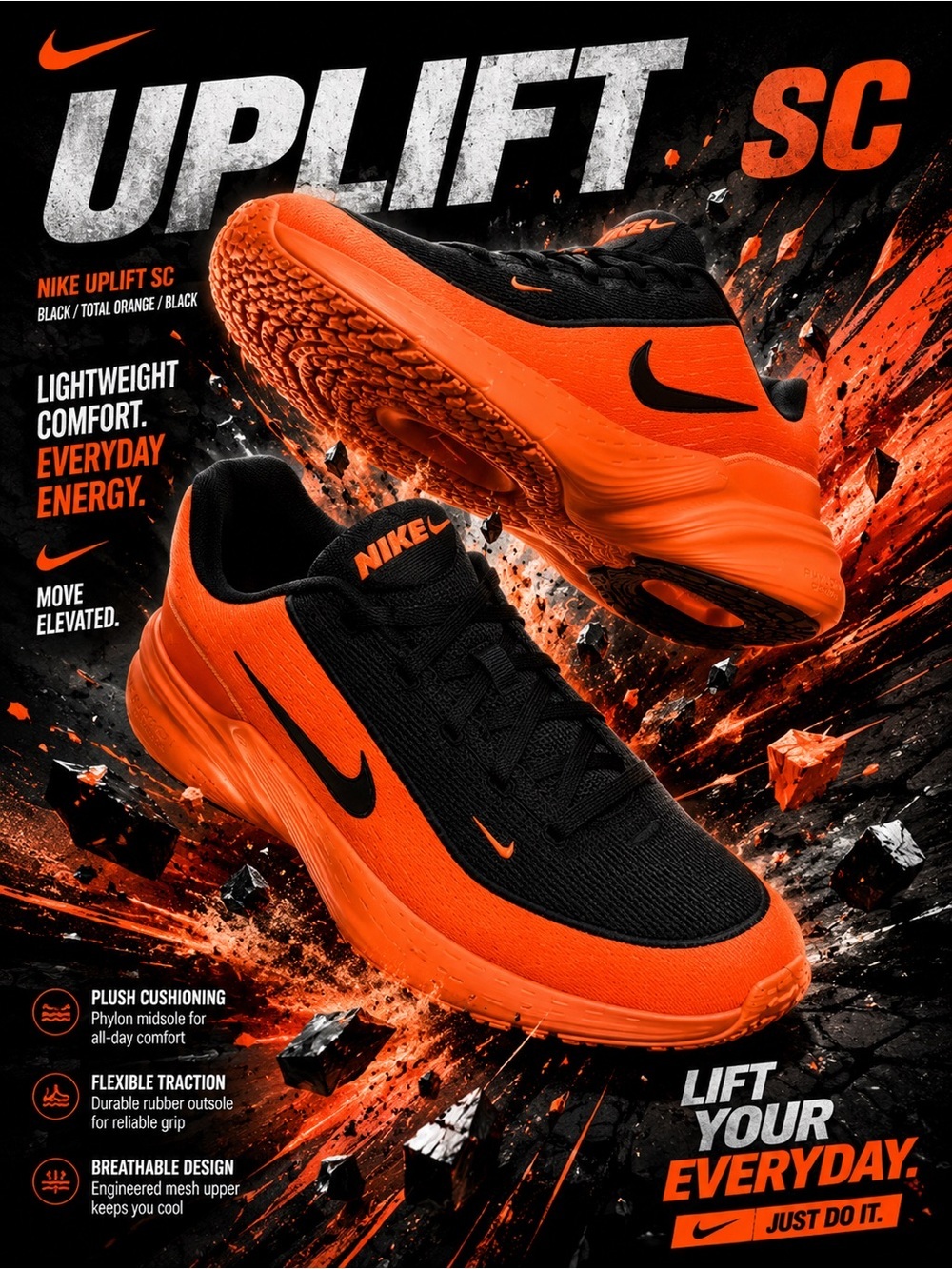 New!🔥Nike Uplift SC sneakers in the vibrant "Black/Total Orange/Black" Colorway🔥